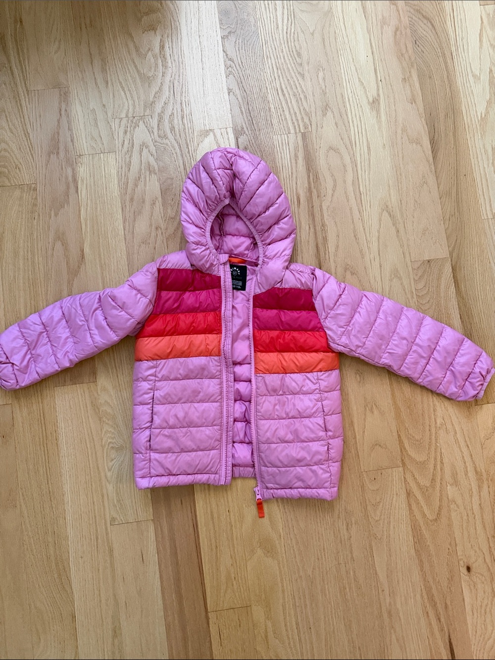 Primary Light Pink Hooded Puffer Jacket with Color-Block Stripes